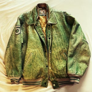 Vintage '80s Guess Wild Indians Grass Green Leather Varsity Jacket