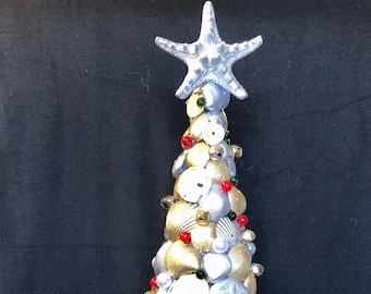 12.5 inch Table Top Christmas Tree; Silver & Gold Jingle Bell Seashell Tree