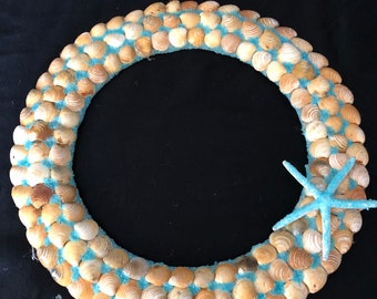 Handmade 15 inch Wall Wreath made from found seashells and blue sand
