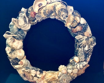 Handmade Oyster Shell Wreath, All found natural shells, beach decor, wall or door hanging, nautical