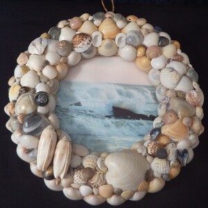 12 inch Handmade, One of a kind, Mixed Shell Wreath, original picture of waves, beach decor, wall or door hanging, nautical