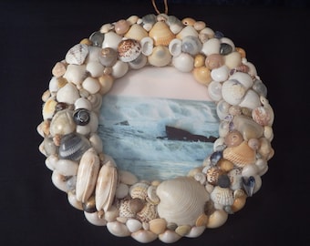 12 inch Handmade, One of a kind, Mixed Shell Wreath, original picture of waves, beach decor, wall or door hanging, nautical