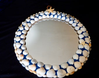 19 inch Cockle Shell and Blue Sand Mirror with starfish