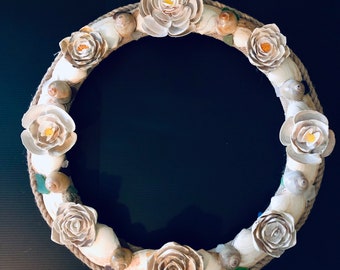 19 inch Shell Wreath; Clam shells, Snail shells, Sea Glass, Fairy Lights and beads