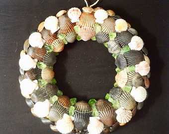 12 inch Handmade mixed scallop shells and sea glass summer wreath