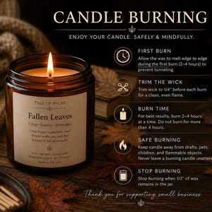 Candle care guide by Tale of Wicks featuring a lit amber soy candle with illustrated burning instructions, including first burn tips, wick trimming, burn time recommendations, fire safety, and proper candle care, styled with cozy autumn décor.