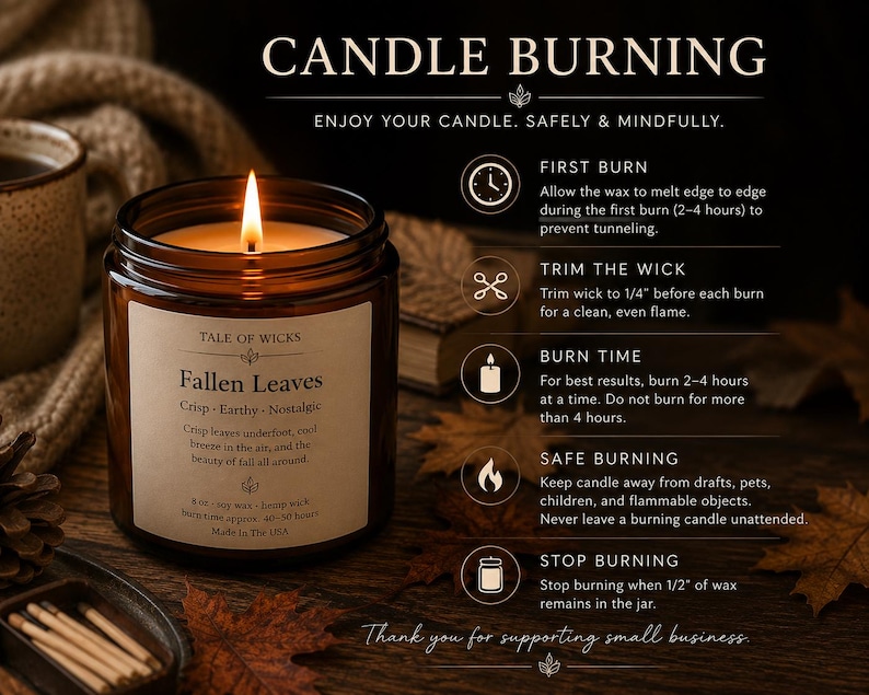 Candle care guide by Tale of Wicks featuring a lit amber soy candle with illustrated burning instructions, including first burn tips, wick trimming, burn time recommendations, fire safety, and proper candle care, styled with cozy autumn décor.