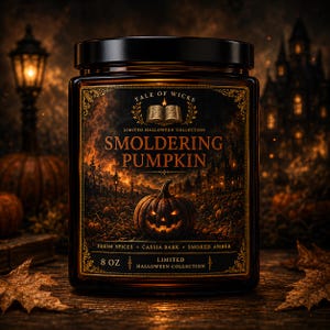 Smoldering Pumpkin luxury soy candle in an amber glass jar with an illustrated Halloween label featuring a glowing pumpkin patch, smoky autumn landscape, and warm gothic artwork by Tale of Wicks.