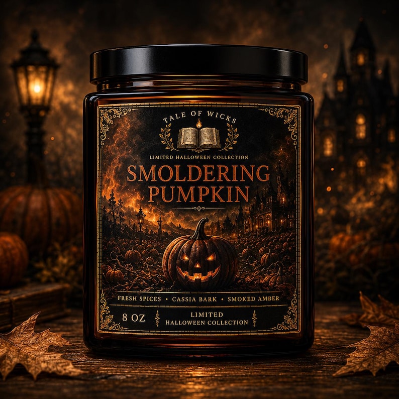 Smoldering Pumpkin luxury soy candle in an amber glass jar with an illustrated Halloween label featuring a glowing pumpkin patch, smoky autumn landscape, and warm gothic artwork by Tale of Wicks.