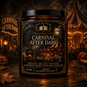 Carnival After Dark luxury soy candle in an amber glass jar with an illustrated vintage carnival label featuring a moonlit carousel, glowing midway lights, ferris wheel, and elegant gothic Halloween artwork by Tale of Wicks.