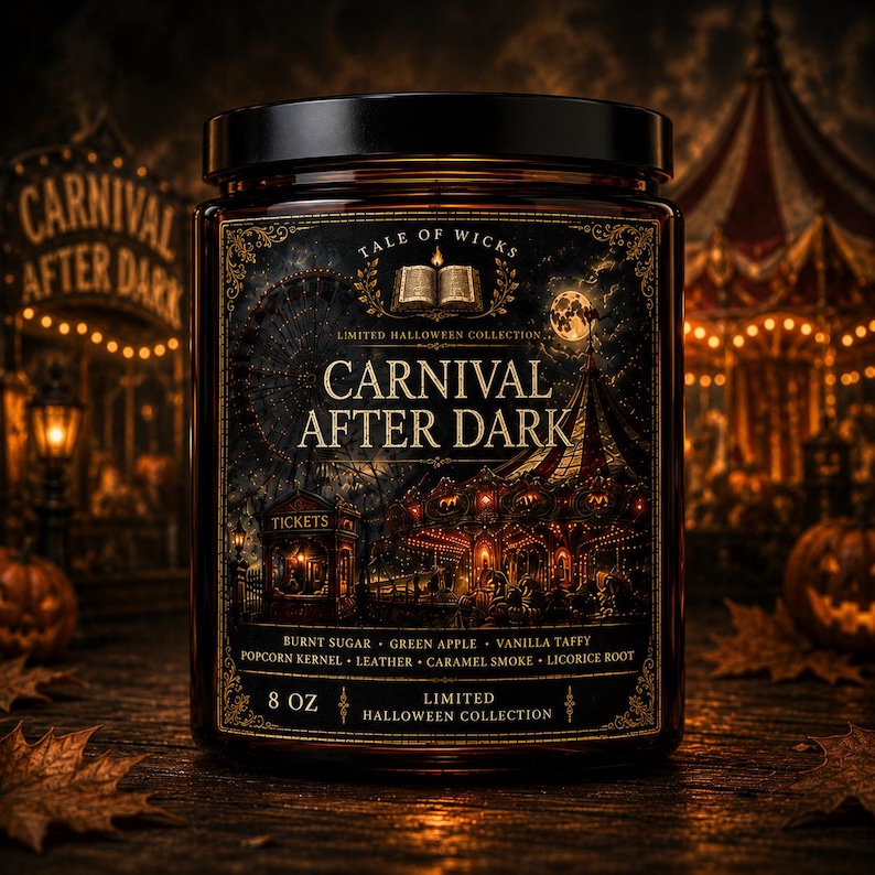 Carnival After Dark luxury soy candle in an amber glass jar with an illustrated vintage carnival label featuring a moonlit carousel, glowing midway lights, ferris wheel, and elegant gothic Halloween artwork by Tale of Wicks.