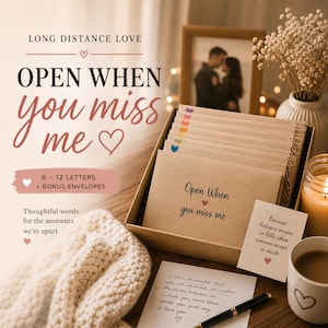 May include: A gift set with the text "Open When you miss me" on the box and individual envelopes. The set includes 8-12 letters and bonus envelopes. A framed photo, a candle, and a cup of coffee are also visible.
