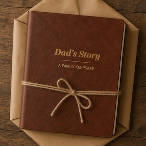 May include: A brown leather-bound book titled Dad's Story A FAMILY KEEPSAKE in gold lettering. The book is wrapped with a thin brown twine tied in a bow at the center, resting on a brown paper envelope against a dark wooden surface.