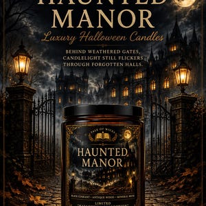 Haunted Manor luxury Halloween soy candle in an amber glass jar displayed before an elegant gothic manor with glowing windows, wrought iron gates, lanterns, and a full moon as part of the Tale of Wicks Halloween After Dark Collection.