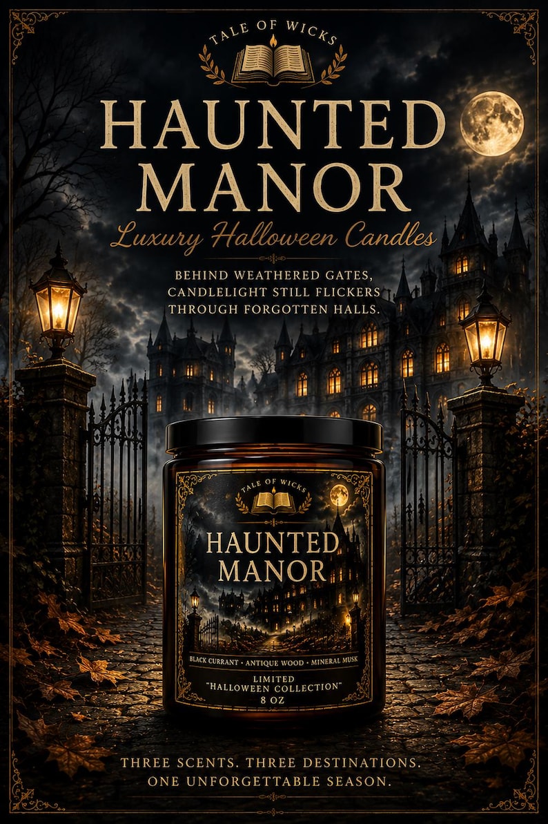 Haunted Manor luxury Halloween soy candle in an amber glass jar displayed before an elegant gothic manor with glowing windows, wrought iron gates, lanterns, and a full moon as part of the Tale of Wicks Halloween After Dark Collection.