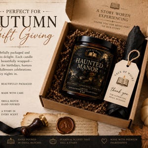 Halloween After Dark luxury soy candle gift box featuring a beautifully packaged amber glass candle with kraft gift box, crinkle paper, thank you tag, and premium autumn packaging by Tale of Wicks.