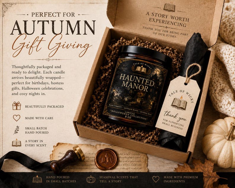 Halloween After Dark luxury soy candle gift box featuring a beautifully packaged amber glass candle with kraft gift box, crinkle paper, thank you tag, and premium autumn packaging by Tale of Wicks.