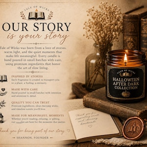 Tale of Wicks brand story featuring a hand-poured soy candle displayed with vintage books, warm candlelight, and cozy autumn décor, highlighting thoughtful craftsmanship, premium ingredients, and meaningful gifting.