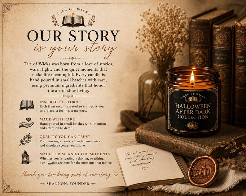 Tale of Wicks brand story featuring a hand-poured soy candle displayed with vintage books, warm candlelight, and cozy autumn décor, highlighting thoughtful craftsmanship, premium ingredients, and meaningful gifting.