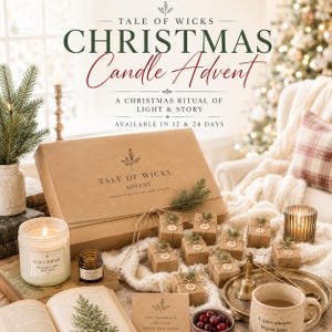 May include: A Tale of Wicks Christmas Candle Advent box made of brown cardboard with twine and pine sprigs. The set includes small wrapped boxes numbered 1 through 24, a large white candle labeled Old Library, a small amber jar, and a book.