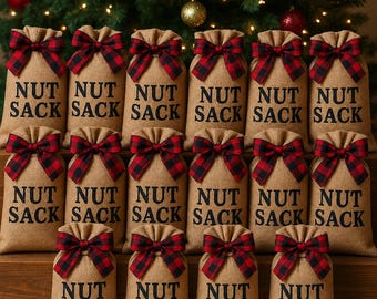 Nut Sack Gift Bag Funny Christmas Favor Office Holiday Gift Bulk Option with Candy or Pistachios Buffalo Plaid Farmhouse Bag Corporate Gift