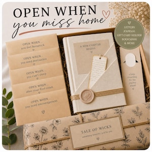 May include: A gift box with the text "OPEN WHEN you miss home." Inside are several items, including a journal, envelopes with prompts, a bookmark, and a gift card holder. The box is decorated with floral patterns and a wax seal.