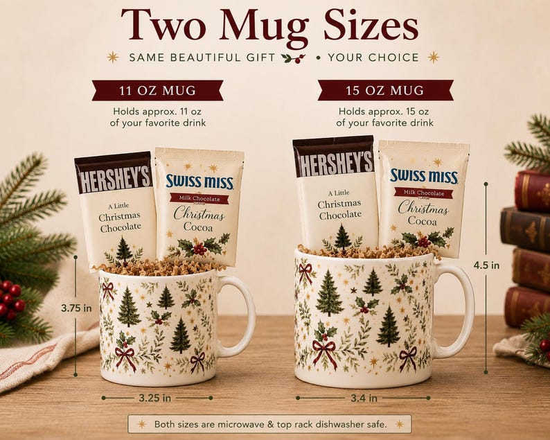 Heritage Christmas mug gift set shown in 11 oz and 15 oz sizes with evergreen, holly, burgundy bow and gold star artwork, paired with full-size Hershey’s chocolate and Swiss Miss cocoa.