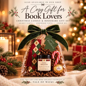 Christmas book lover gift set with Ugly Sweater soy candle, argyle gingerbread bookmark, candy cane and Ferrero Rocher chocolate, wrapped with green velvet bow. Thoughtful Secret Santa, coworker or holiday reading gift.