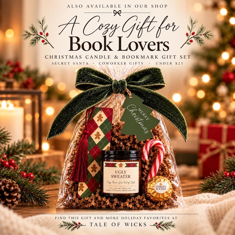 Christmas book lover gift set with Ugly Sweater soy candle, argyle gingerbread bookmark, candy cane and Ferrero Rocher chocolate, wrapped with green velvet bow. Thoughtful Secret Santa, coworker or holiday reading gift.