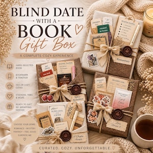 May include: A collection of "Blind Date with a Book" gift boxes. Each box is wrapped in brown paper and tied with a beige ribbon. The boxes include a hand-selected book, bookmark, tea, stickers, and more. The genres include romance, mystery, fantasy, and feel-good.