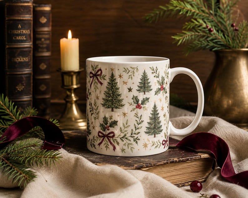 Elegant vintage Christmas mug with evergreen trees, holly berries, burgundy bows and antique gold stars, styled with linen, old books, candlelight, evergreen branches and velvet ribbon in a warm holiday setting.