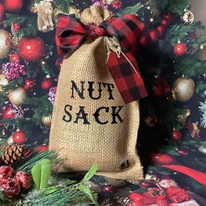 NUT SACK Burlap Gift Bag & Buffalo Plaid Tag, Christmas Gift Bag, Gag Gift Bag, Office Gift Bag, Man Bag, Nut Lover's, Can Personalize