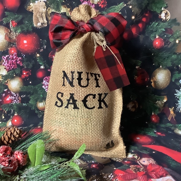 NUT SACK Burlap Gift Bag & Buffalo Plaid Tag, Christmas Gift Bag, Gag Gift Bag, Office Gift Bag, Man Bag, Nut Lover's, Can Personalize