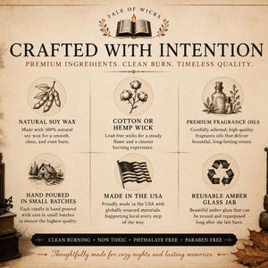 Crafted With Intention infographic highlighting the Halloween After Dark luxury soy candle collection, featuring natural soy wax, cotton or hemp wick, premium fragrance oils, hand-poured craftsmanship, reusable amber glass jars, and made in the USA by Tale of Wicks.
