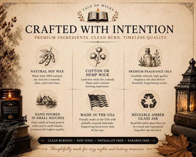 Crafted With Intention infographic highlighting the Halloween After Dark luxury soy candle collection, featuring natural soy wax, cotton or hemp wick, premium fragrance oils, hand-poured craftsmanship, reusable amber glass jars, and made in the USA by Tale of Wicks.