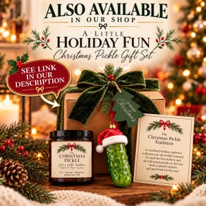 Christmas pickle gift set featuring a soy candle, Santa hat pickle ornament, holiday tradition card and gift box with green velvet ribbon. Fun Secret Santa, white elephant or coworker Christmas gift.