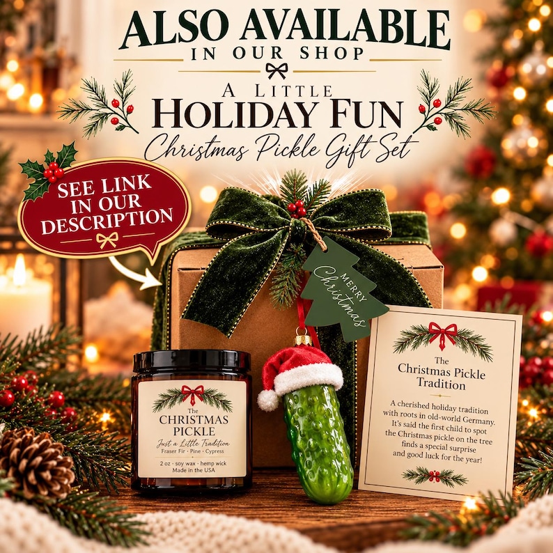 Christmas pickle gift set featuring a soy candle, Santa hat pickle ornament, holiday tradition card and gift box with green velvet ribbon. Fun Secret Santa, white elephant or coworker Christmas gift.