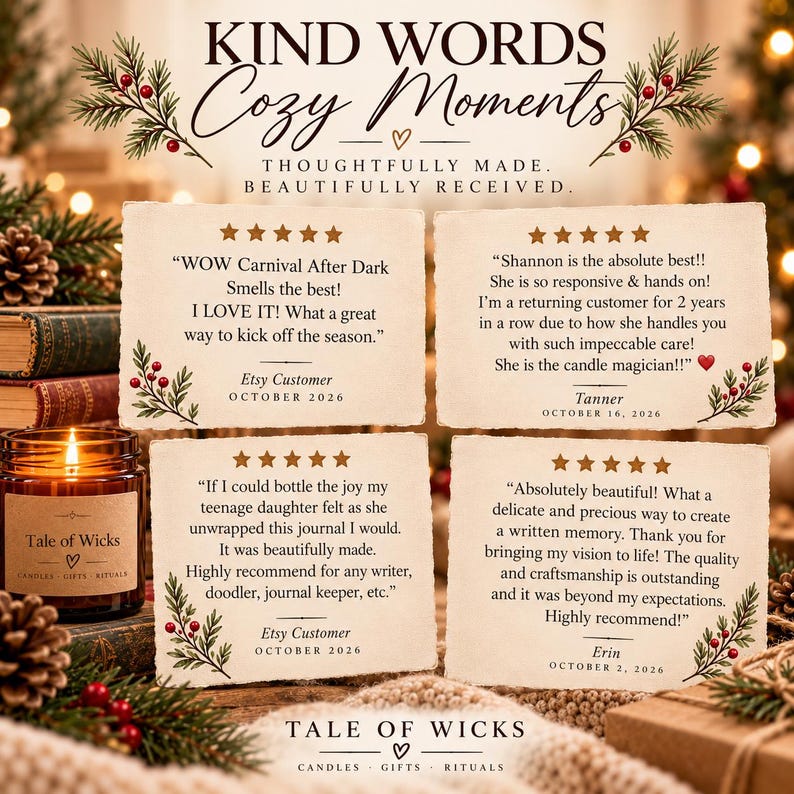 Five-star Etsy customer reviews for Tale of Wicks highlighting handmade soy candles, beautiful journals, personalized keepsakes, thoughtful packaging and exceptional customer service. Cozy Christmas-themed testimonial collage.