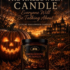 Smoldering Pumpkin luxury Halloween soy candle in an amber glass jar displayed beside a glowing jack-o'-lantern and haunted manor at sunset, featuring premium autumn décor and illustrated artwork from the Tale of Wicks Halloween After Dark Collection.