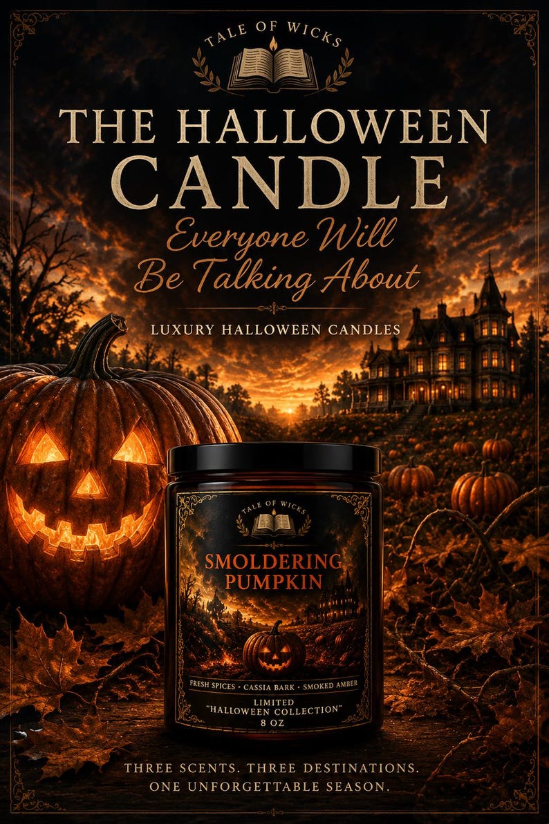 Smoldering Pumpkin luxury Halloween soy candle in an amber glass jar displayed beside a glowing jack-o'-lantern and haunted manor at sunset, featuring premium autumn décor and illustrated artwork from the Tale of Wicks Halloween After Dark Collection.