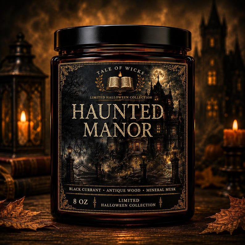 Haunted Manor luxury soy candle in an amber glass jar with an illustrated Victorian manor label, candlelit windows, wrought iron gates, and elegant gothic Halloween artwork by Tale of Wicks.