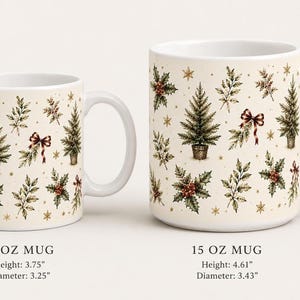 Vintage Christmas mug featuring evergreen trees, holly berries, burgundy bows, botanical greenery and antique gold stars on a warm cream background, shown as an elegant holiday gift