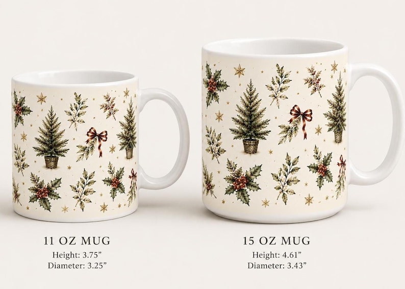 Vintage Christmas mug featuring evergreen trees, holly berries, burgundy bows, botanical greenery and antique gold stars on a warm cream background, shown as an elegant holiday gift
