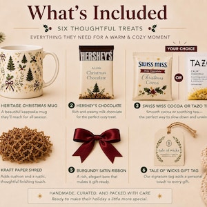 Heritage Christmas mug gift set includes a vintage holiday mug, full-size Hershey’s chocolate, choice of Swiss Miss cocoa or Tazo tea, kraft paper shred, burgundy satin ribbon and Tale of Wicks gift tag.