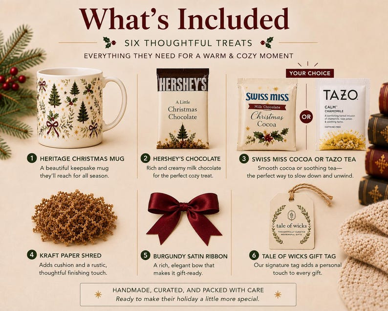 Heritage Christmas mug gift set includes a vintage holiday mug, full-size Hershey’s chocolate, choice of Swiss Miss cocoa or Tazo tea, kraft paper shred, burgundy satin ribbon and Tale of Wicks gift tag.