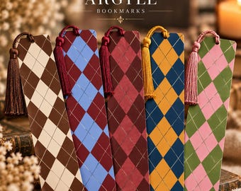 May include: Five rectangular bookmarks featuring an argyle diamond pattern in various color combinations including brown and cream, maroon and blue, dark red, yellow and blue, and green and pink, each topped with a matching silk tassel.