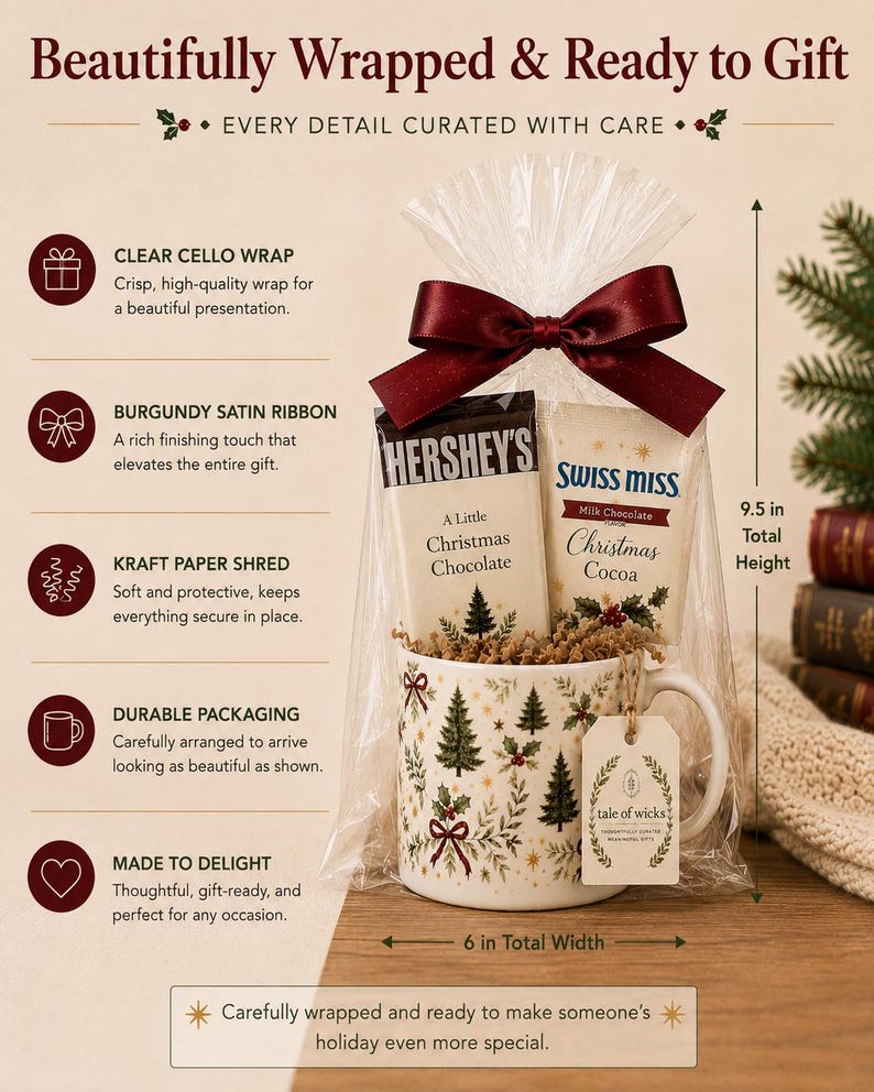 Heritage Christmas mug gift set wrapped in clear cello with burgundy satin ribbon, full-size Hershey’s chocolate and Swiss Miss cocoa, kraft paper shred and Tale of Wicks gift tag, shown ready for Christmas gifting.