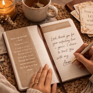 May include: An open journal with handwritten text and a pen, alongside inspirational cards and a lit candle. The journal's pages display scriptural quotes. A cup of tea and decorative items complete the scene, creating a cozy, reflective atmosphere.