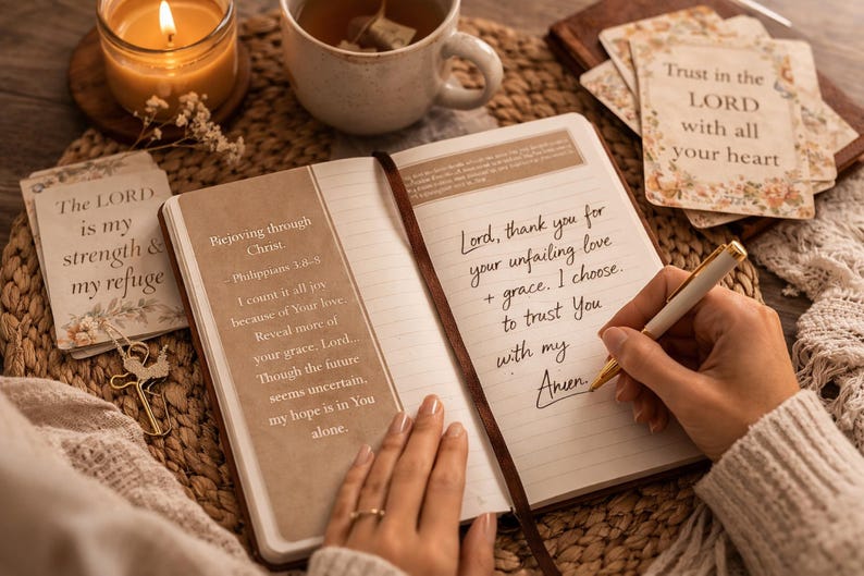 May include: An open journal with handwritten text and a pen, alongside inspirational cards and a lit candle. The journal's pages display scriptural quotes. A cup of tea and decorative items complete the scene, creating a cozy, reflective atmosphere.