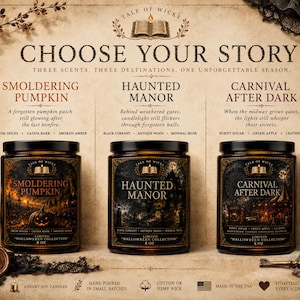 Choose Your Story Halloween After Dark luxury soy candle collection featuring Smoldering Pumpkin, Haunted Manor, and Carnival After Dark in amber glass jars with illustrated labels, fragrance notes, and vintage parchment design by Tale of Wicks.